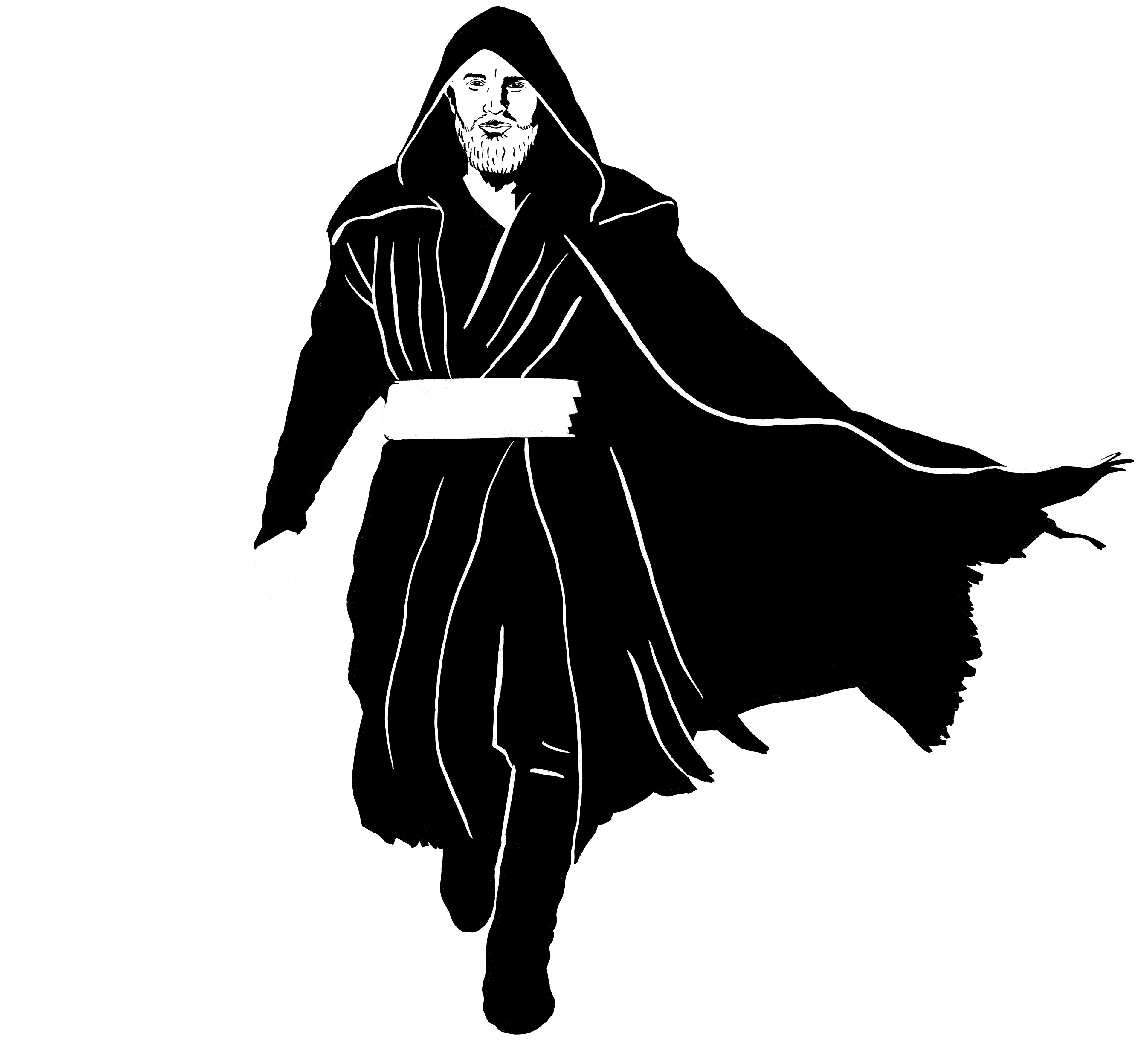 Illustration of Werner Valeur in a hooded cloak, striding forward